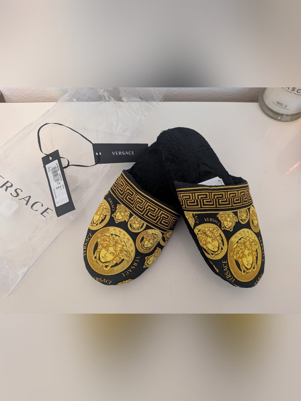 Versace Medusa Black And Gold Slippers Small New